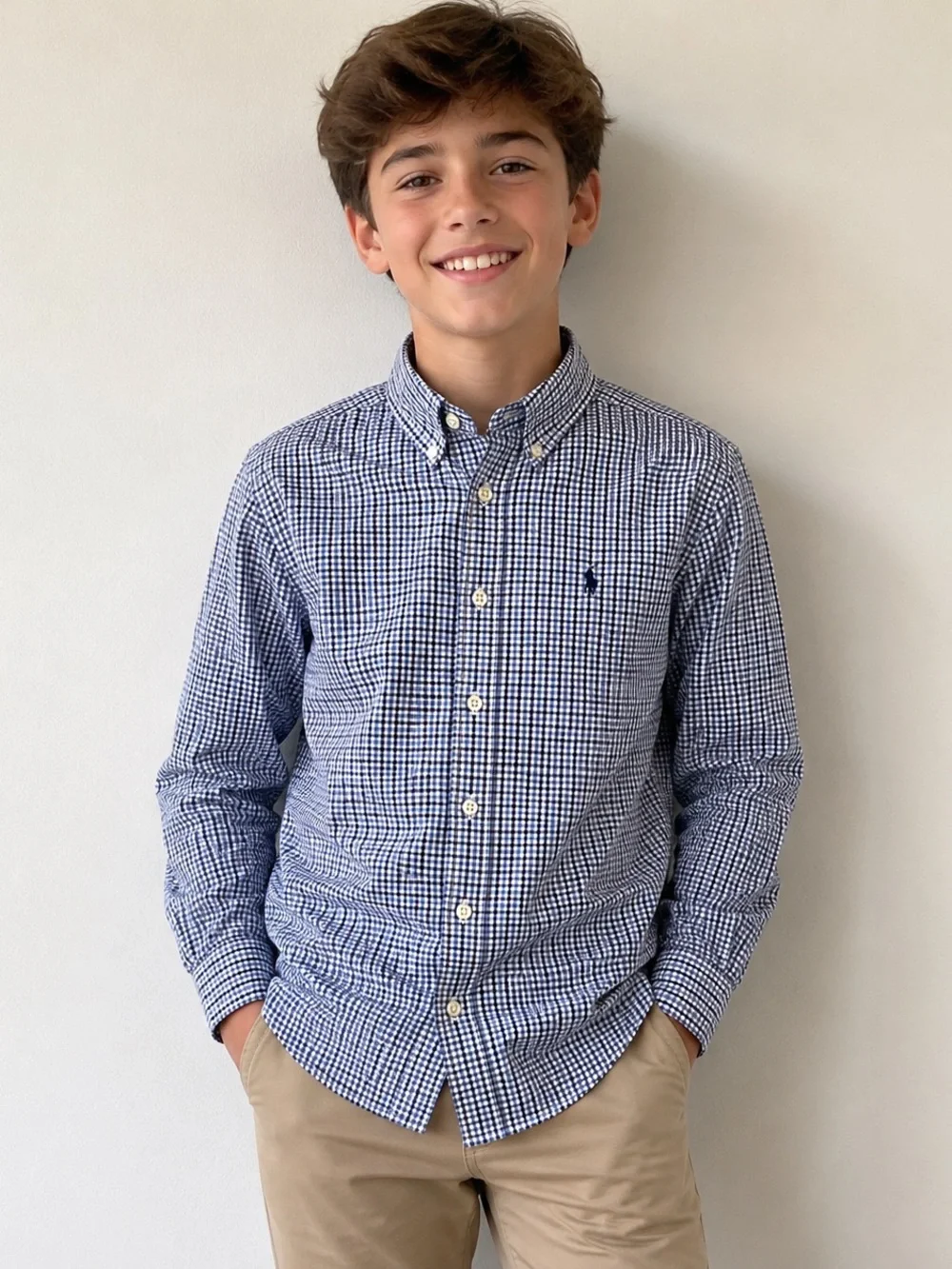 Ralph Lauren Boys Blue White Gingham Plaid Button Down Shirt M 10-12
